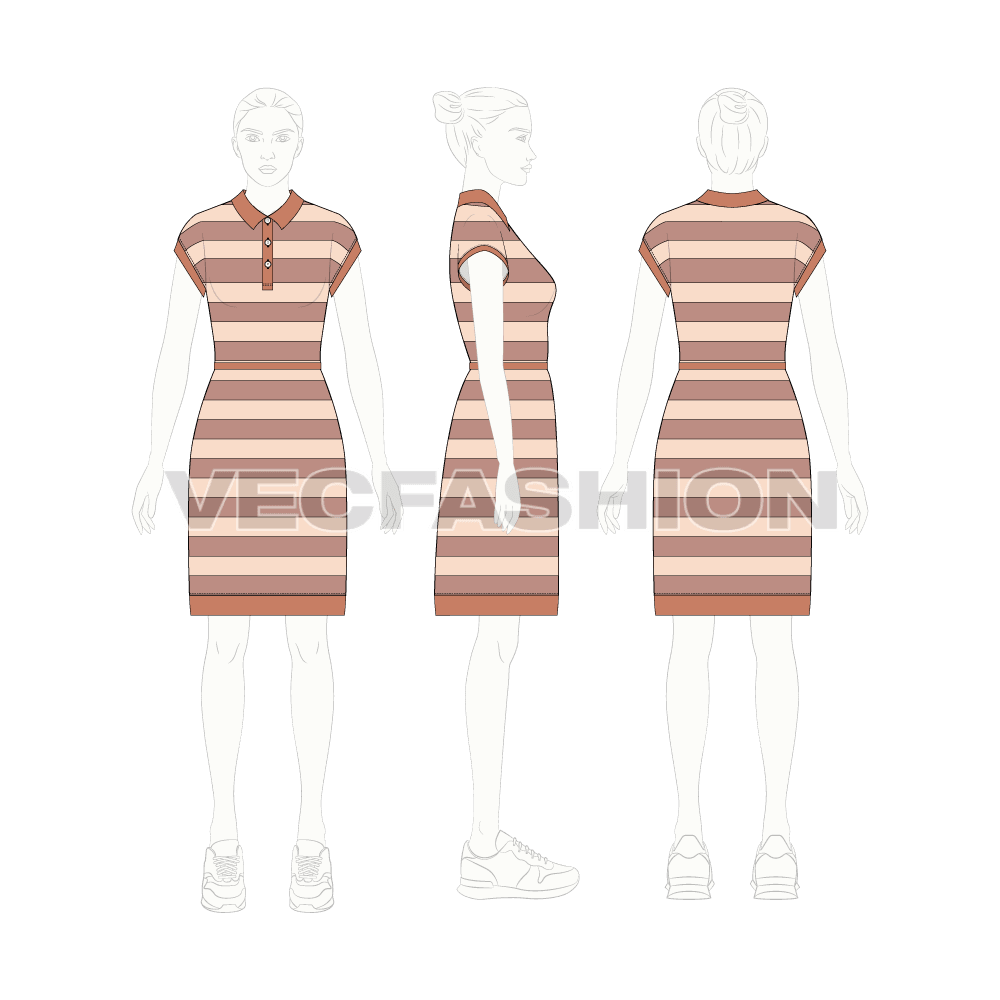 Womens polo shirt dress flat sketch, croqui sketch