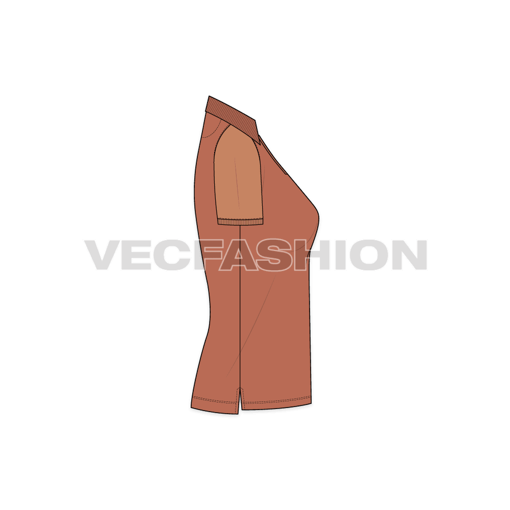 Womens polo shirt with raglan sleeve flat sketch, side view