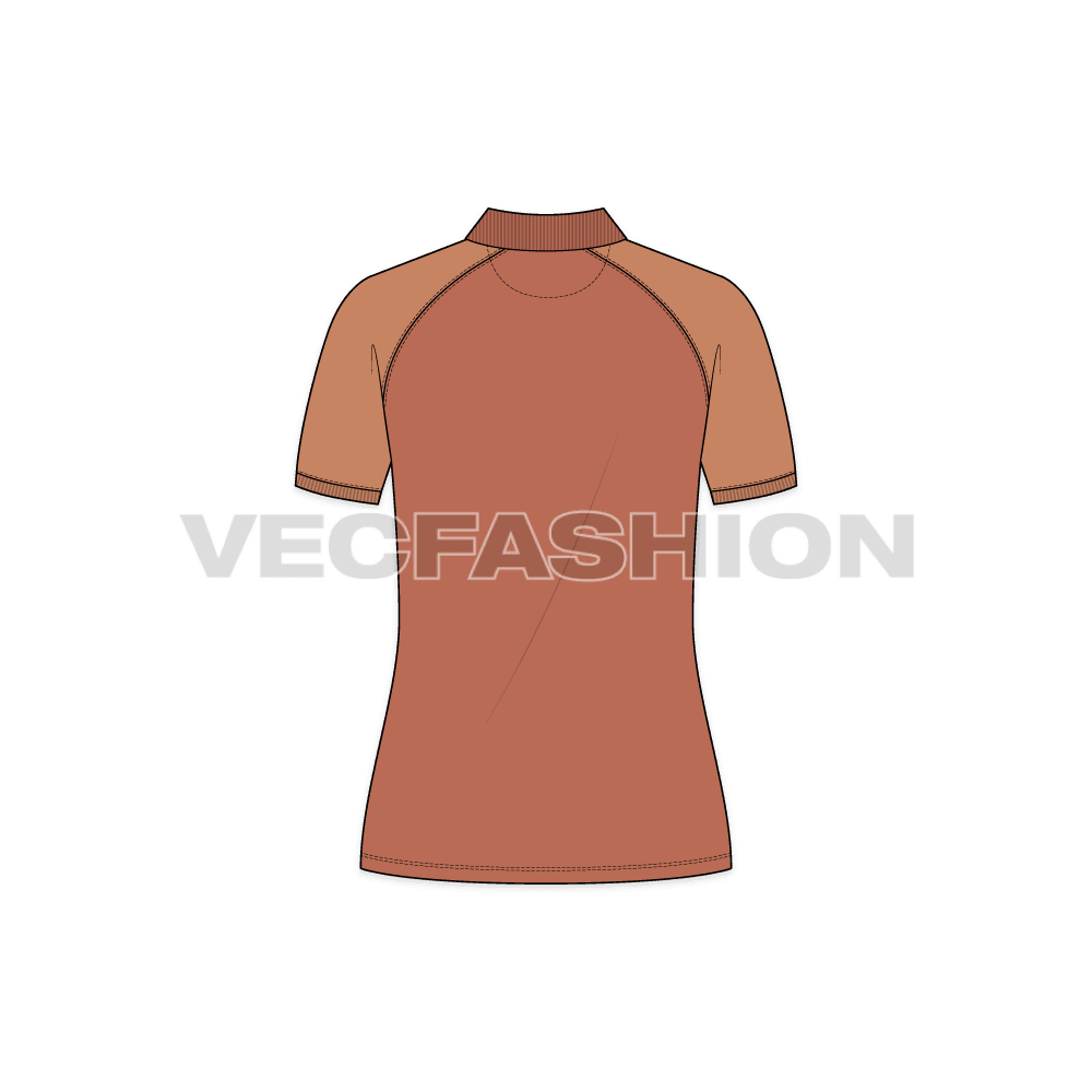 Womens polo shirt with raglan sleeve flat sketch, back view
