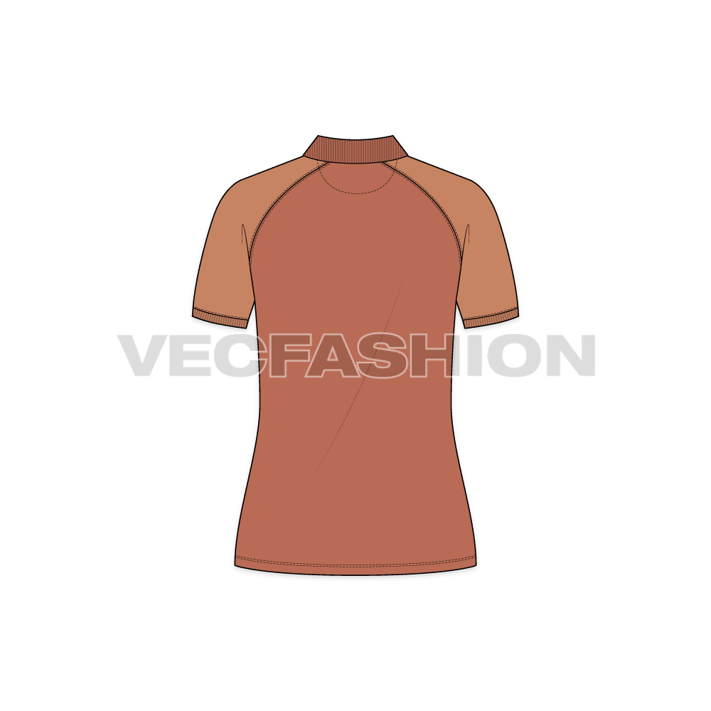 A vector template for Women's Polo Shirt with Raglan Sleeve. It has ribbed collar with button placket. It is rendered in a very nice chocolate color with sleeves being a nut color.