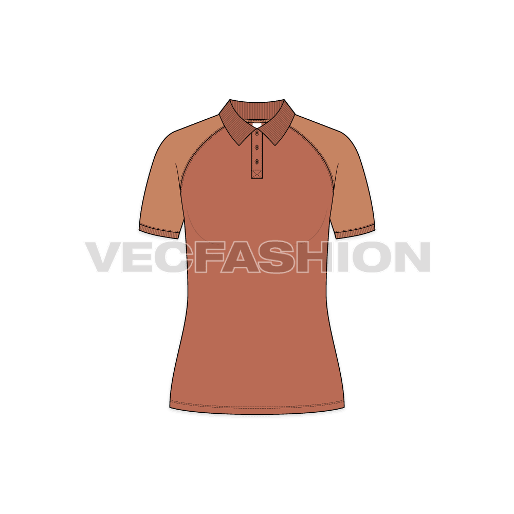 Womens polo shirt with raglan sleeve flat sketch, front view