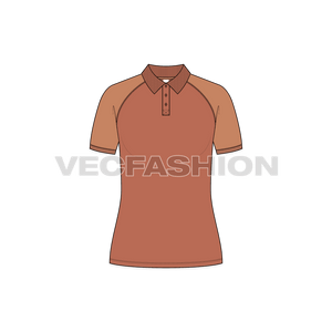 A vector template for Women's Polo Shirt with Raglan Sleeve. It has ribbed collar with button placket. It is rendered in a very nice chocolate color with sleeves being a nut color.