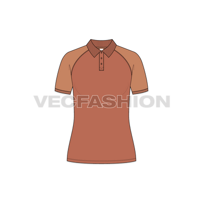 A vector template for Women's Polo Shirt with Raglan Sleeve. It has ribbed collar with button placket. It is rendered in a very nice chocolate color with sleeves being a nut color.