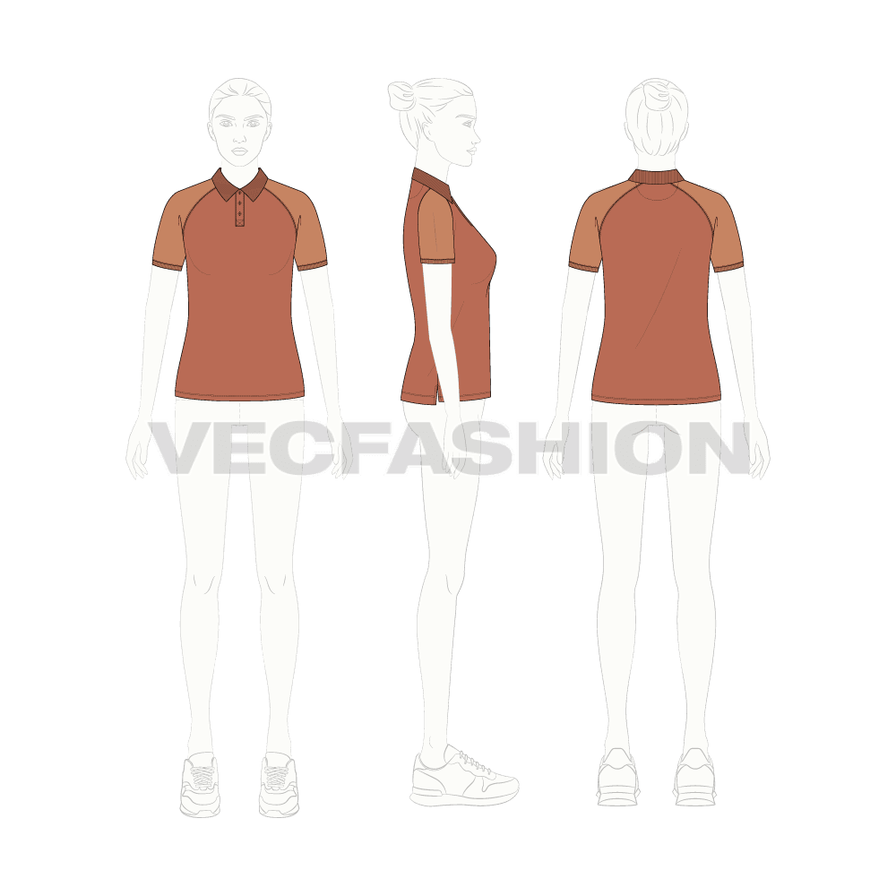 Womens polo shirt with raglan sleeve flat sketch, croqui sketch