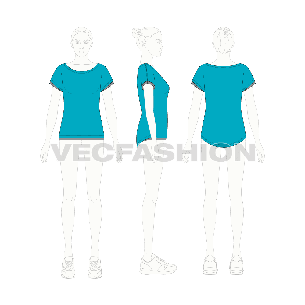 Womens pre workout tee flat sketch, croqui sketch