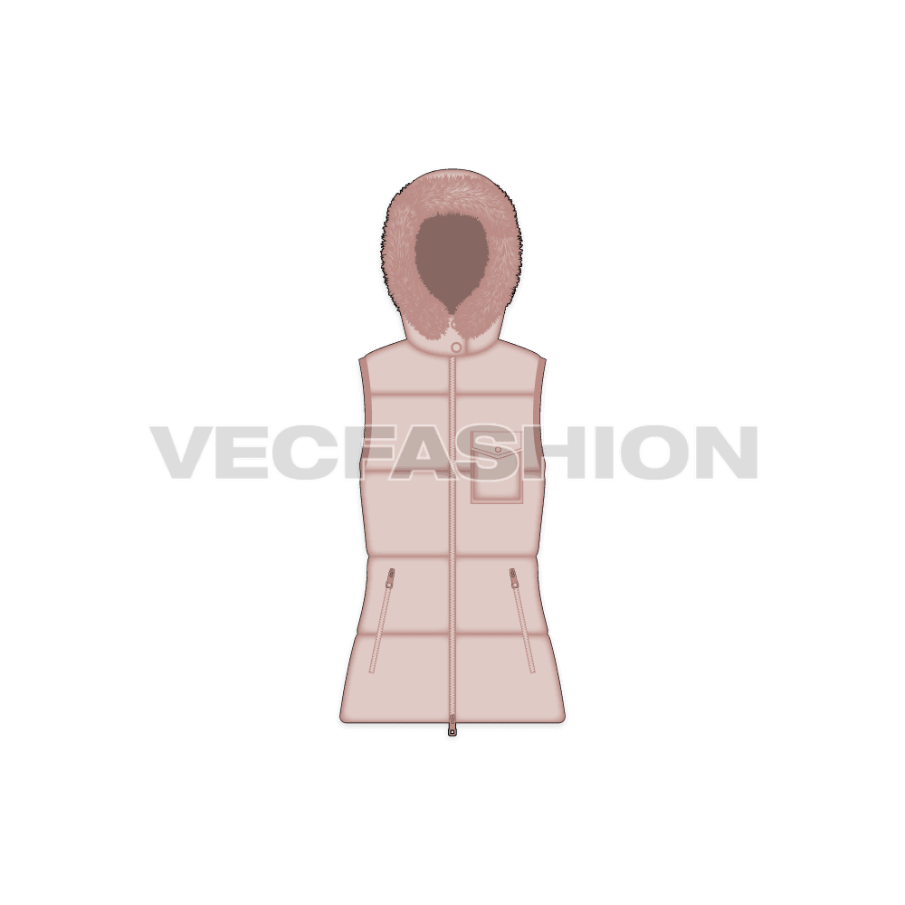 A vector template for Women's Puffer Coat. It is rendered in light pink color and have fur around the hood. It has long nylon zips on the front sides and insulation lining on the inside.  