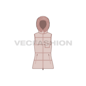 A vector template for Women's Puffer Coat. It is rendered in light pink color and have fur around the hood. It has long nylon zips on the front sides and insulation lining on the inside.  