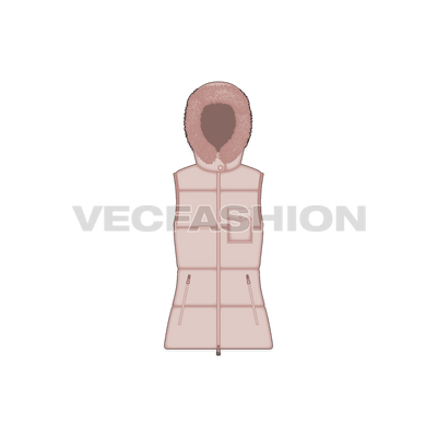 A vector template for Women's Puffer Coat. It is rendered in light pink color and have fur around the hood. It has long nylon zips on the front sides and insulation lining on the inside.  