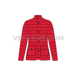 A vector illustrator template of Womens Puffer Coat. It has thick quilting on the inside with goose down. There are two pockets on front lower part and snap buttons for closure. 