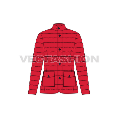 A vector illustrator template of Womens Puffer Coat. It has thick quilting on the inside with goose down. There are two pockets on front lower part and snap buttons for closure. 