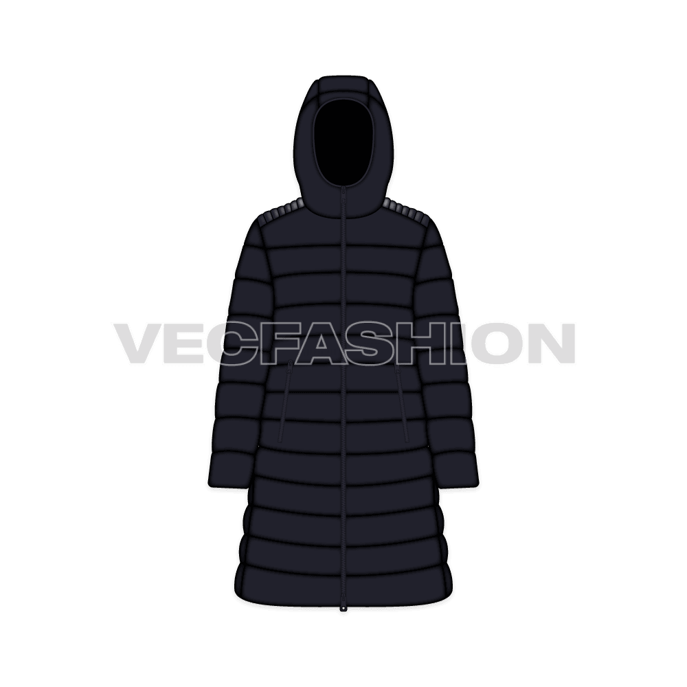 Women's Puffer Coat flat sketch, front view