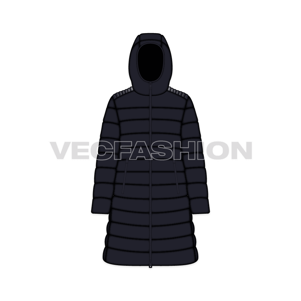 A vector template for Women's Puffer Coat. It is rendered in a fabric that has more shine and have several thin insulated panels.   