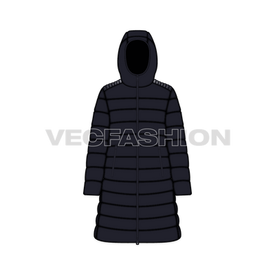 A vector template for Women's Puffer Coat. It is rendered in a fabric that has more shine and have several thin insulated panels.   