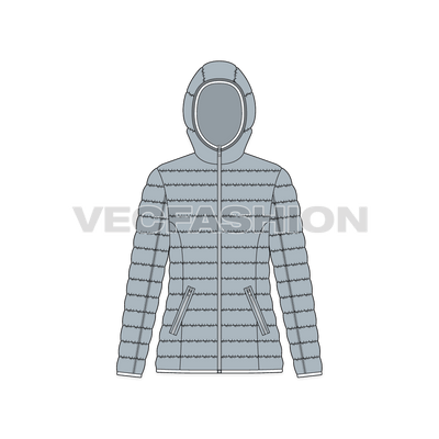 A vector illustrator template of Women's Puffer Coat. It has quilted lining under the outer shell of 350 goose down and feathers, usually called as Insulation. 