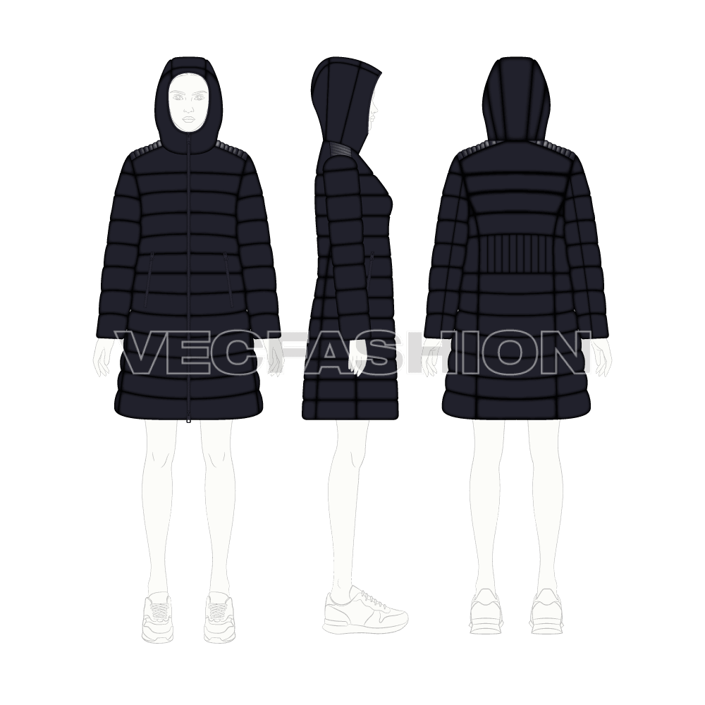 Women's Puffer Coat flat sketch, croqui sketch