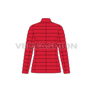A vector illustrator template of Womens Puffer Coat. It has thick quilting on the inside with goose down. There are two pockets on front lower part and snap buttons for closure. 