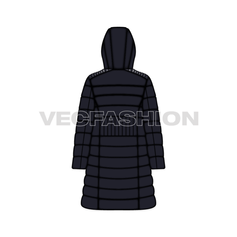 A vector template for Women's Puffer Coat. It is rendered in a fabric that has more shine and have several thin insulated panels.   