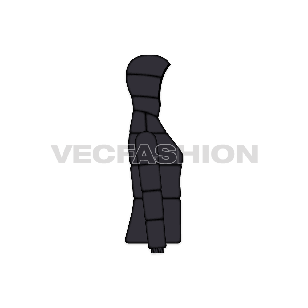A vector template for Women's Puffer Jacket. It is rendered in black color with more shine and have a detachable hood. It is rendered with front, back and side view as well.  