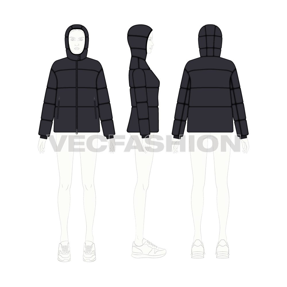Women's Puffer Jacket flat sketch, croqui sketch