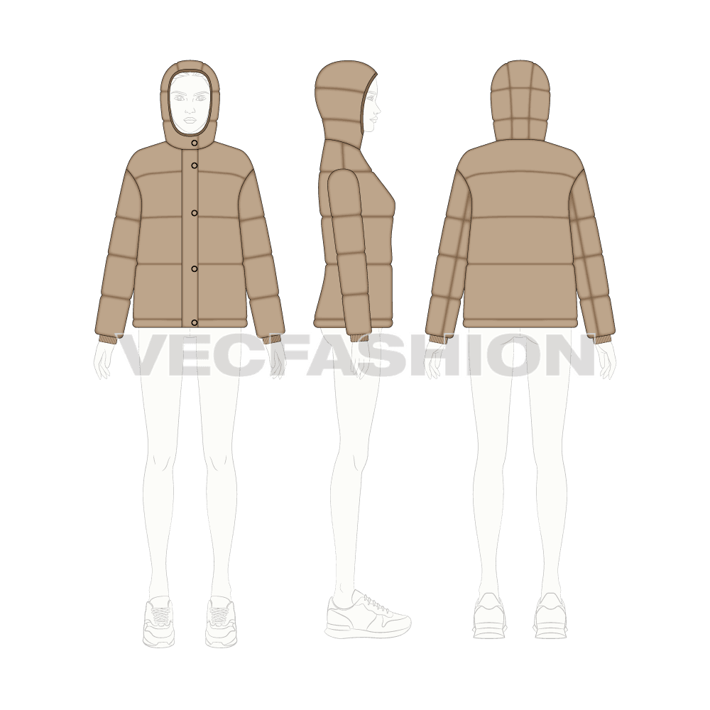 Women's Puffer Jacket flat sketch, croqui sketch