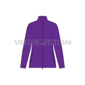 A vector template for Women's Puffer Jacket. It has insulation inside from goose down and feathers. It has pockets on sides and zipper on center front.