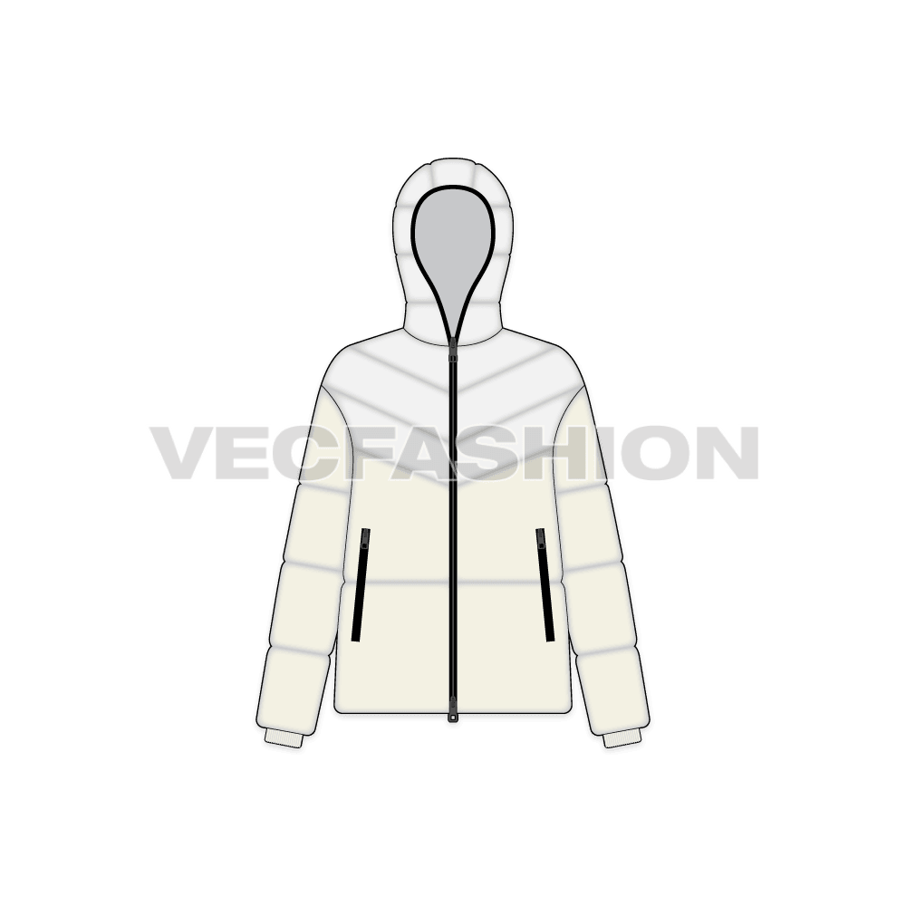 A vector template for Women's Puffer Jacket. It is made with two fabric colors creating an interesting look of a front and back yoke with contrast edging around the hood and side zips.