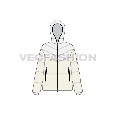 A vector template for Women's Puffer Jacket. It is made with two fabric colors creating an interesting look of a front and back yoke with contrast edging around the hood and side zips.