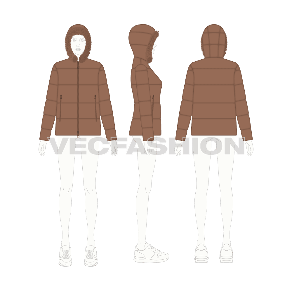 Women's Puffer Jacket flat sketch, croqui sketch