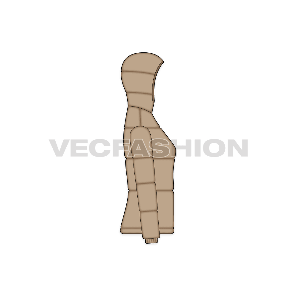 A vector template for Women's Puffer Jacket. It is rendered in khaki brown color and have detachable hood. It is rendered with front, back and side view.