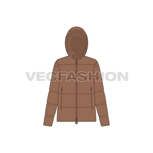 A vector template for Women's Puffer Jacket. It has fur around the hood and is rendered with front, back and side front view as well.   
