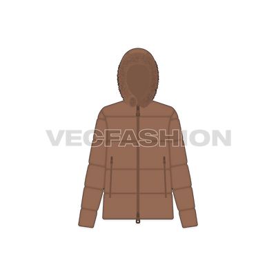 A vector template for Women's Puffer Jacket. It has fur around the hood and is rendered with front, back and side front view as well.   