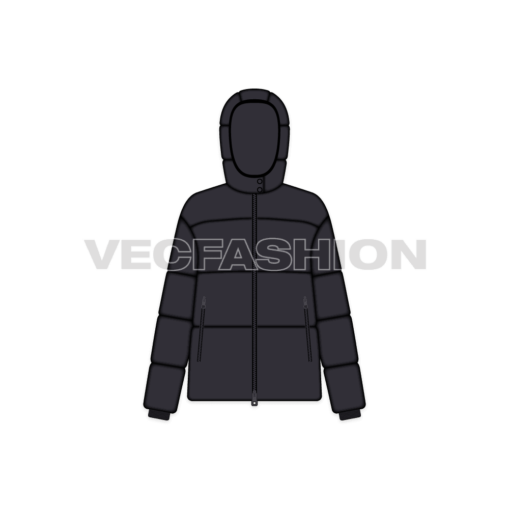 A vector template for Women's Puffer Jacket. It is rendered in black color with more shine and have a detachable hood. It is rendered with front, back and side view as well.  