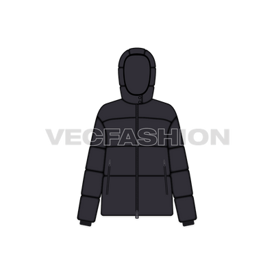 A vector template for Women's Puffer Jacket. It is rendered in black color with more shine and have a detachable hood. It is rendered with front, back and side view as well.  