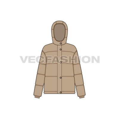 A vector template for Women's Puffer Jacket. It is rendered in khaki brown color and have detachable hood. It is rendered with front, back and side view.