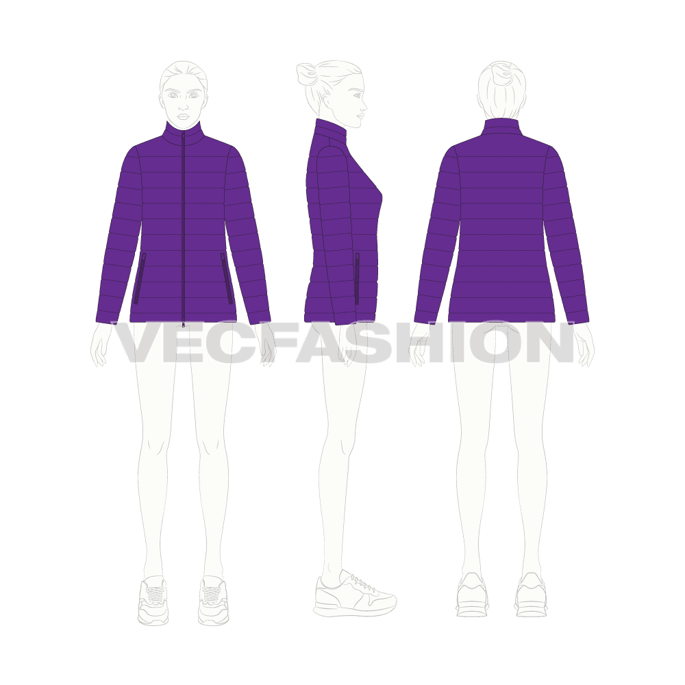 Womens puffer jacket flat sketch, croqui sketch