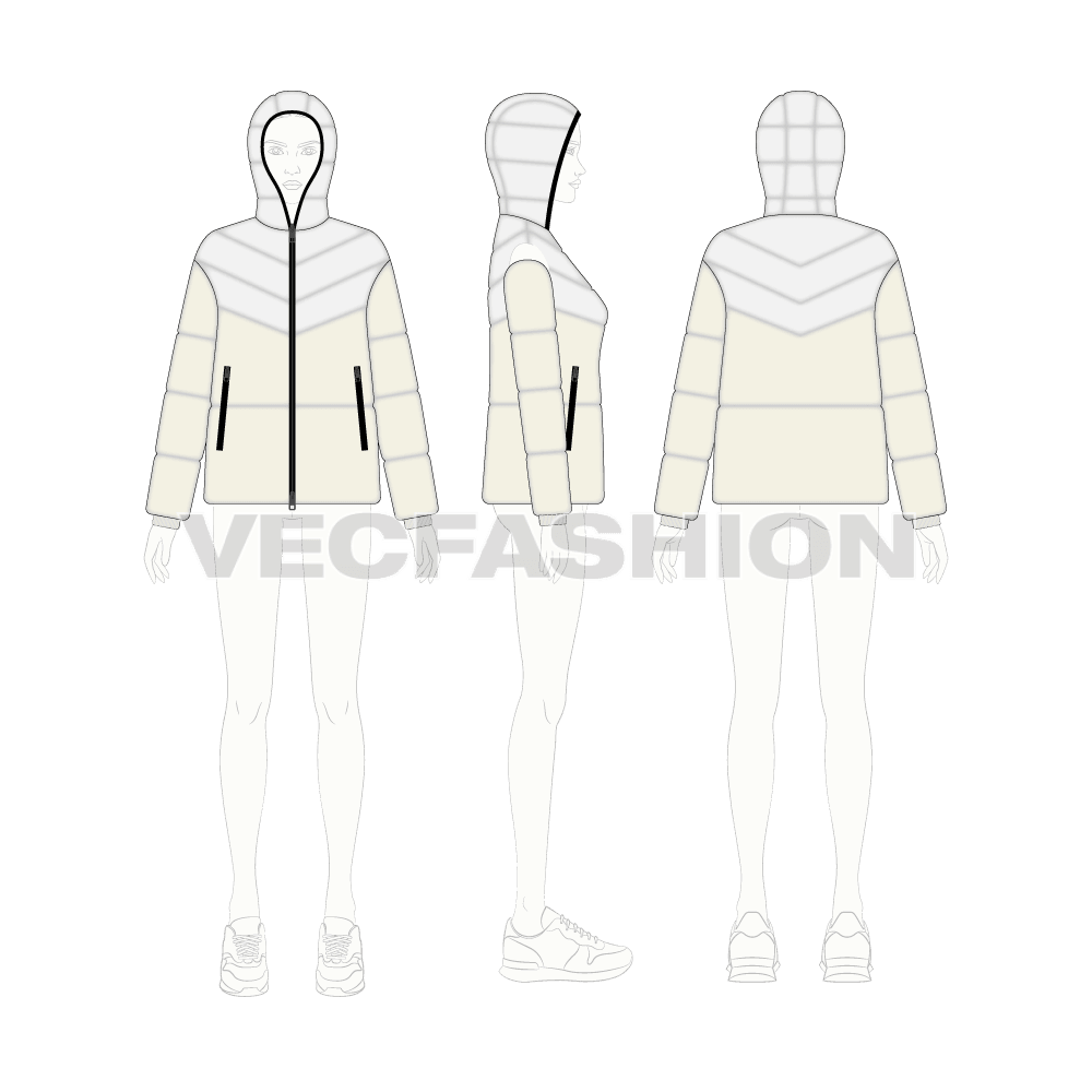 Women's Puffer Jacket flat sketch, croqui sketch