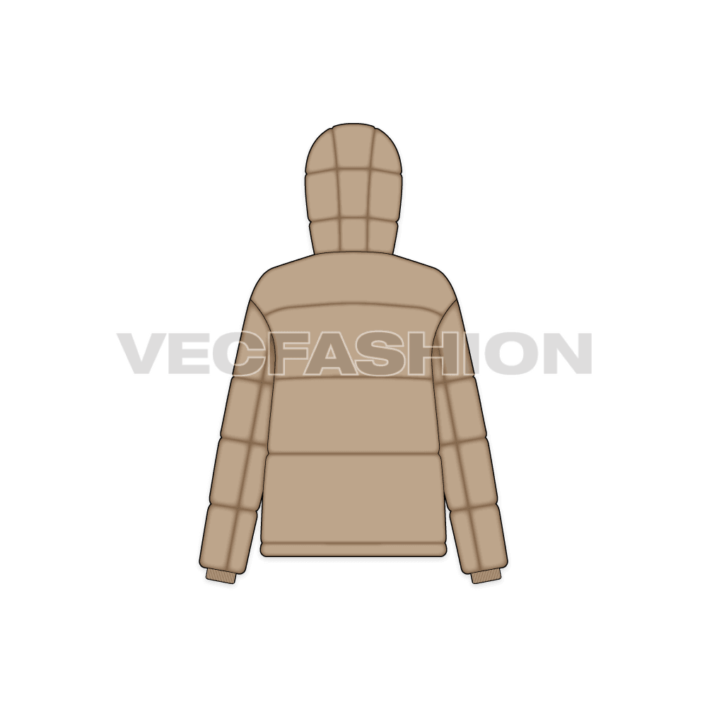 A vector template for Women's Puffer Jacket. It is rendered in khaki brown color and have detachable hood. It is rendered with front, back and side view.