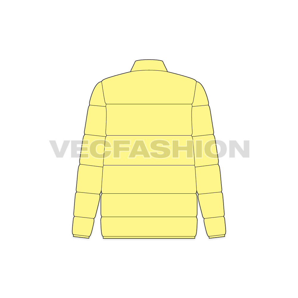 A vector illustrator template of Women's Puffer Mock Neck. It is showing a heavy quilting inside and front closure is a waterproof zipper with zipped pockets on sides.