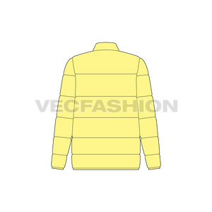 A vector illustrator template of Women's Puffer Mock Neck. It is showing a heavy quilting inside and front closure is a waterproof zipper with zipped pockets on sides.