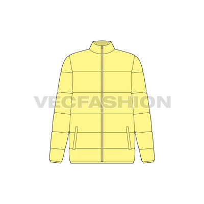 A vector illustrator template of Women's Puffer Mock Neck. It is showing a heavy quilting inside and front closure is a waterproof zipper with zipped pockets on sides.