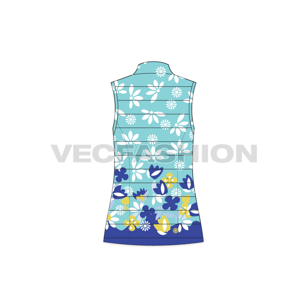 A vector template for Women's Puffer Vest. It is rendered with colored floral graphics with mock neck and this garment is made with quilting. 