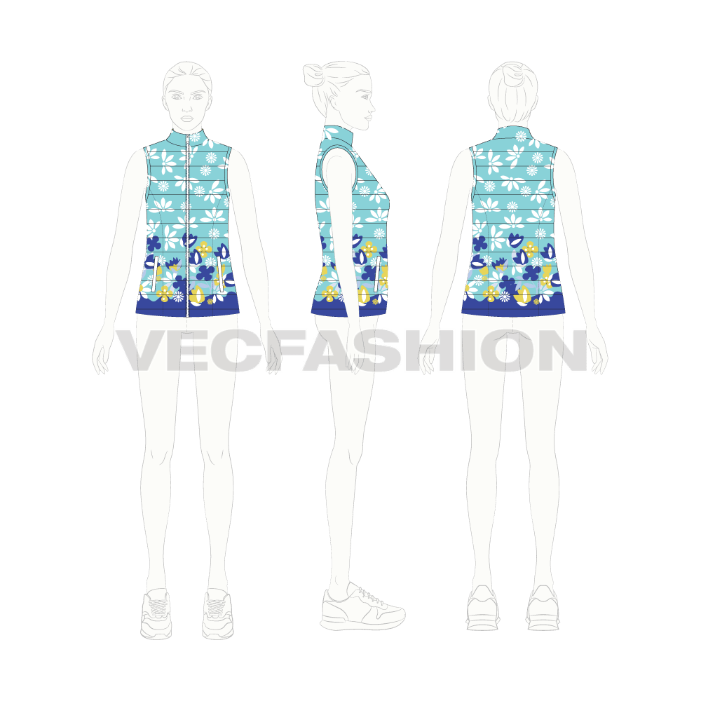 Womens puffer vest, floral quilted flat sketch, croqui sketch