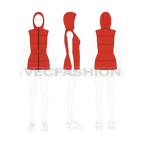 Womens puffer vest, hood belt flat sketch, croqui sketch