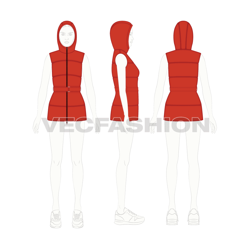 Womens puffer vest, hood belt flat sketch, croqui sketch