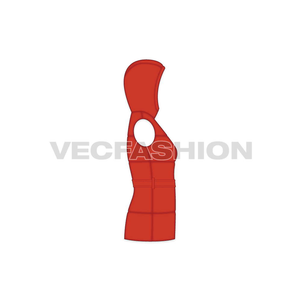 Womens puffer vest, hood belt flat sketch, side view
