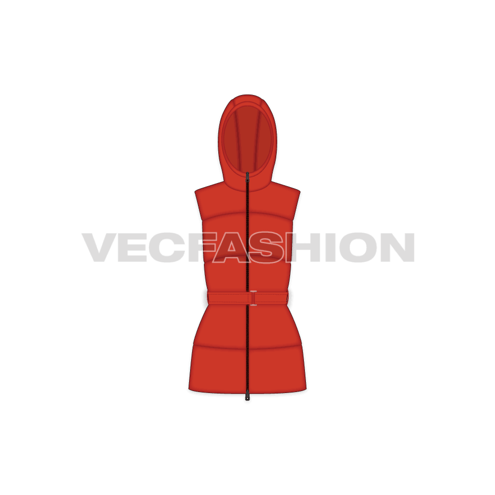Womens puffer vest, hood belt flat sketch, front view
