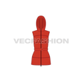 Womens puffer vest, hood belt flat sketch, front view