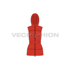 Womens puffer vest, hood belt flat sketch, front view