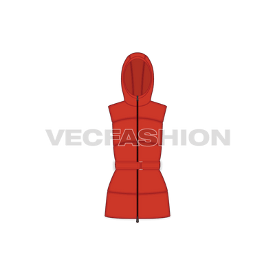 A vector template for Women's Puffer Vest. It has wide panels on front and back body with a hood and belt on waist.