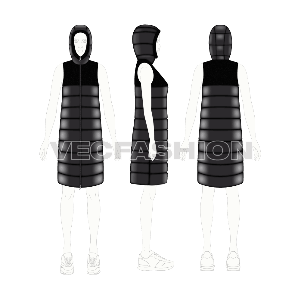 Womens puffer vest coat, hooded long flat sketch, on croqui
